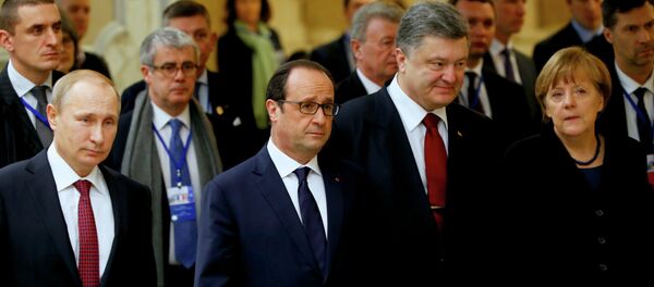 El Cuarteto de Normandía: el presidente de Rusia, Vladímir Putin, el presidente de Francia, François Hollande, el presidente de Ucrania, Petró Poroshenko y la canciller de Alemania, Angela Merkel - Sputnik Mundo
