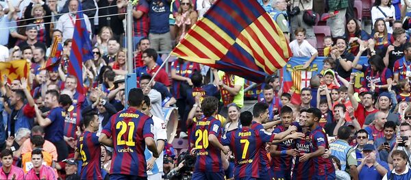 Barça celebra un gol de Messi durante el partido con La Coruña en Camp Nou, 23 de mayo de 2015 - Sputnik Mundo