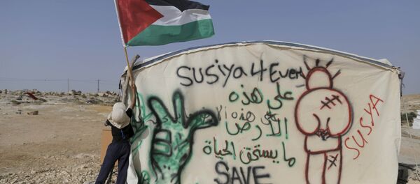Niño colocando la bandera de Palestina - Sputnik Mundo