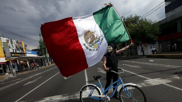 Un manifestante por el caso Ayotzinapa lleva una bandera mexicana - Sputnik Mundo