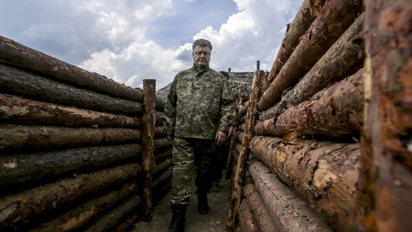 Presidente de Ucrania, Petro Poroshenko, durante una inspección de las trincheras en la región de Donetsk. 11 de junio de 2015 - Sputnik Mundo