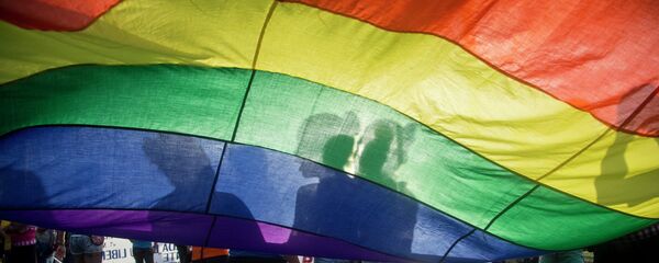 Members of the LGBT movement hold a gay pride flag as they attend a march to mark the International Day Against Homophobia in Managua, Nicaragua, Sunday, May 17, 2015. Members of the LGBT movement hold a gay pride flag as they attend a march to mark the International Day Against Homophobia in Managua, Nicaragua, Sunday, May 17, 2015. - Sputnik Mundo