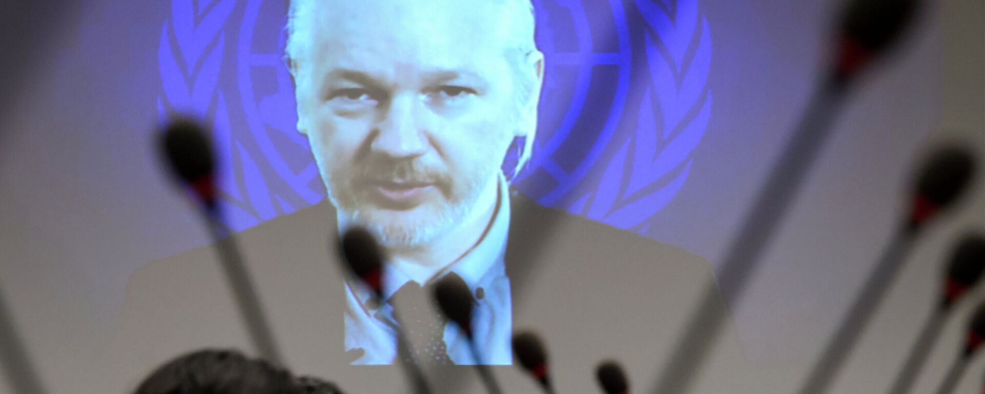 WikiLeaks founder Julian Assange is seen on a screen speaking via web cast from the Ecuadorian Embassy in London during an event on the sideline of the United Nations (UN) Human Rights Council session WikiLeaks founder Julian Assange is seen on a screen speaking via web cast from the Ecuadorian Embassy in London during an event on the sideline of the United Nations (UN) Human Rights Council session - Sputnik Mundo, 1920, 11.12.2021