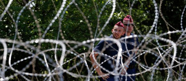 Policías húngaros guardan una valla contra migrantes - Sputnik Mundo