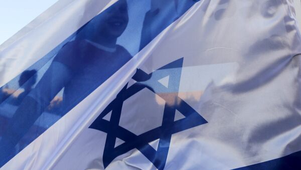 A girl is seen through an Israeli flag during a demonstration - Sputnik Mundo