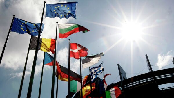 Flags are seen at the European Parliament  - Sputnik Mundo