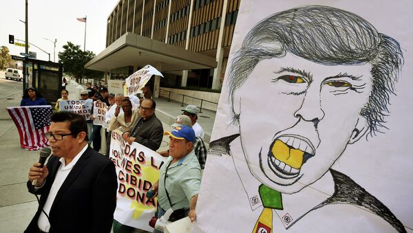 Juan Jose Gutierrez, miembro de la comunidad latina, protesta contra la política del candidato presidencial republicano Donald Trump Juan Jose Gutierrez, miembro de la comunidad latina, protesta contra la política del candidato presidencial republicano Donald Trump - Sputnik Mundo