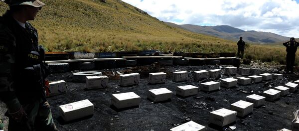 Miembro de la Fuerza Especial de Lucha Contra Narcotráfico (FELCN) esta de guardia al lado de cocaína confiscada en Bolivia (archivo) - Sputnik Mundo