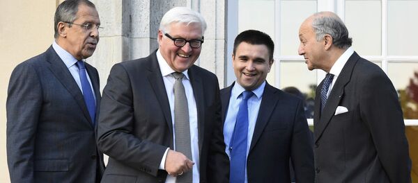 Ministro de Exterirores ruso, Serguéi Lavrov, ministro de Exteriores de Alemania Frank-Walter Steinmeier, ministro de Exteriores de Ucrania Pavló Klimkin y ministro de Exteriores de Francia Laurent Fabius - Sputnik Mundo
