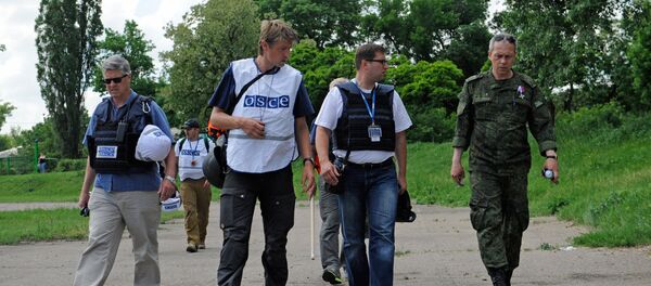 Representantes de la OSCE y un miliciano de la RPD en Donetsk - Sputnik Mundo