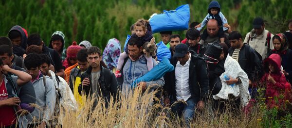 Migrants make their way through the countryside after they crossed the boarder near the village of Zakany in Hungary to continue their trip to Gemany on September 20, 2015. - Sputnik Mundo