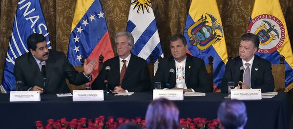 Juan Manuel Santos, Nicolás Maduro, Rafael Correa y Tabaré Vázquez - Sputnik Mundo