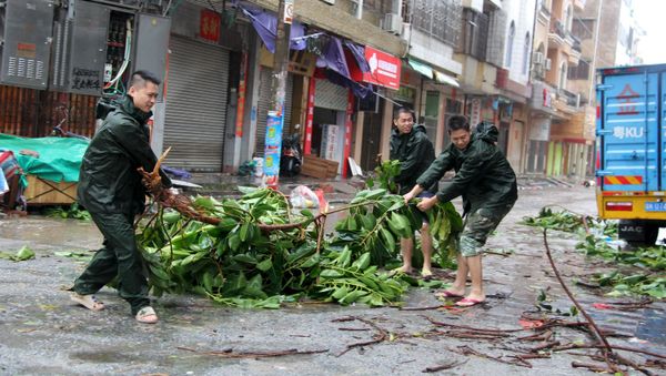 People try to remove a bough from a street as Typhoon Mujigae hits Maoming, Guangdong province, October 4, 2015. People try to remove a bough from a street as Typhoon Mujigae hits Maoming, Guangdong province, October 4, 2015. - Sputnik Mundo