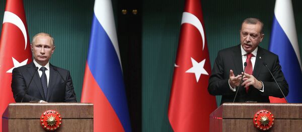 Turkish President Recep Tayyip Erdogan (R) and Russian President Vladimir Putin (L) hold a joint press conference at Turkey's Presidential Palace in Ankara - Sputnik Mundo