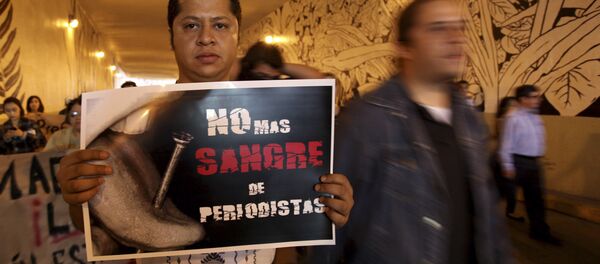 Un hombre lleva la pancarta que dice No más sangre de periodistas durante la manifestación para exigir justicia en el caso Regina Martinez - Sputnik Mundo