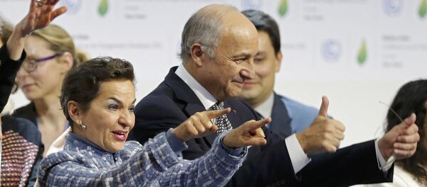 Responsable de cambio climático de la ONU, Christiana Figueres, y ministro de Asuntos de Exteriores de Francia, Laurent Fabius Responsable de cambio climático de la ONU, Christiana Figueres, y ministro de Asuntos de Exteriores de Francia, Laurent Fabius - Sputnik Mundo