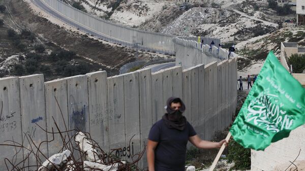 A Palestinian protester holds a Hamas flag in front of a section of the Israeli barrier that separates the West Bank town of Abu Dis from Jerusalem, during an anti-Israel protest, November 16, 2015. - Sputnik Mundo