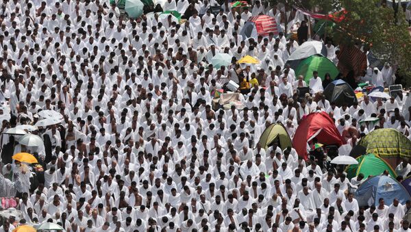 Peregrinos musulmanes rezan durante hajj - Sputnik Mundo