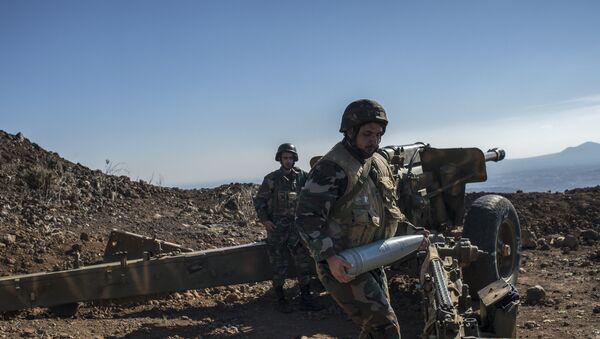 A soldier of the Syrian Arab Army carries ammunition to a weapon during training at the frontline in the al-Kom village of the Quneitra province in Syria - Sputnik Mundo