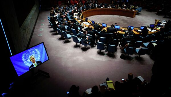 U.N. Ebola mission chief Anthony Banbury (on Screen) speaks to members of the United Nations Security Council - Sputnik Mundo