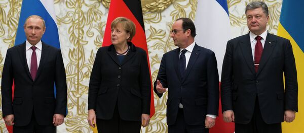 Reunión entre V. Putin, A. Merkel, F. Hollande y P. Poroshenko en Minsk - Sputnik Mundo