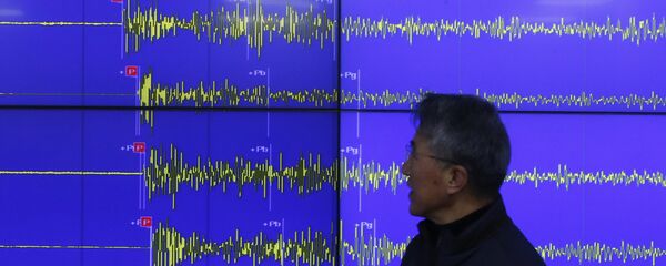 Earthquake and Volcano of the Korea Meteorological Administration Director General Yun Won-tae stands in front of a screen showing seismic waves that were measured in South Korea, in Seoul Wednesday, Jan. 6, 2016 - Sputnik Mundo