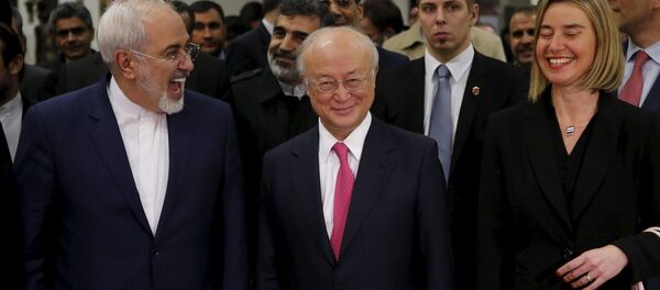 Ministro de Exteriores de Irán, Javad Zarif, director general del OEIA, Yukiya Amano, y alta representante para Asuntos Exteriores de UE, Federica Mogherini - Sputnik Mundo