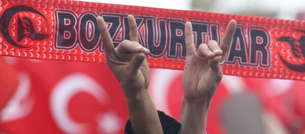 Los simpatizantes del Movimiento Nacionalista hacen los gestos que simbolizan Los Lobos Grises, una organización ultra-nacionalista neo-fascista - Sputnik Mundo