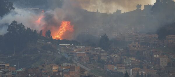 Smoke rises from a forest fire on a hill area, near neighborhoods on the south side of Bogota, Colombia Smoke rises from a forest fire on a hill area, near neighborhoods on the south side of Bogota, Colombia - Sputnik Mundo
