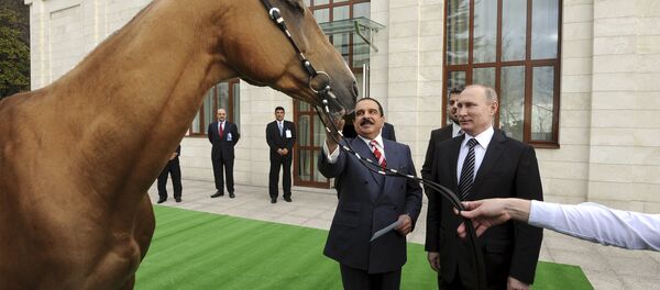 Vladimir Putin, presidente de Rusia, regala un caballo al rey de Bahrein, Hamad bin Isa al Jalifa Vladimir Putin, presidente de Rusia, regala un caballo al rey de Bahrein, Hamad bin Isa al Jalifa - Sputnik Mundo