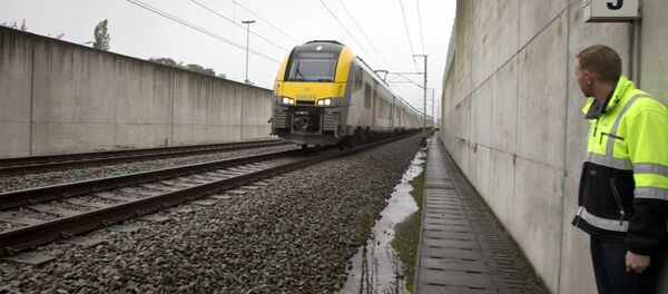 In this photo taken on Thursday, Oct. 22, 2015, a train engineer watches a local train as it prepares to enter a solar topped tunnel in Brasschaat, Belgium. - Sputnik Mundo