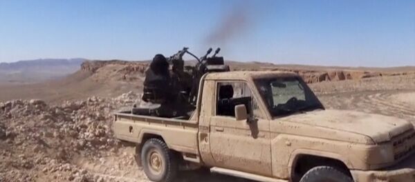 An Islamic State fighter fires an anti-aircraft gun in this still image taken from a video said to be taken on the outskirts of Palmyra and uploaded on March 21, 2016 by an agency affiliated to the Islamic State, as Syrian government forces push their way into Palmyra while the army attempts to recapture the historic city from Islamic State. - Sputnik Mundo