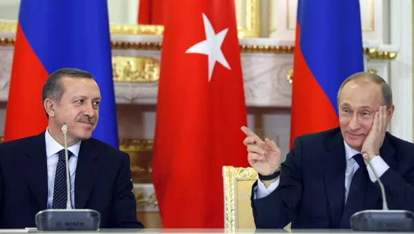 Vladímir Putin hace un gesto hacia Recep Tayyip Erdogan (archivo) - Sputnik Mundo