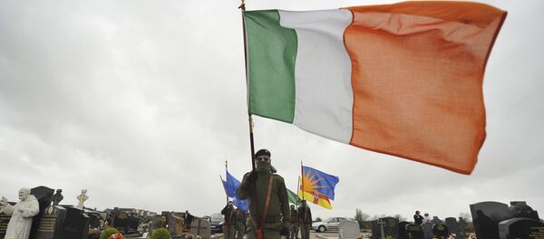 Un miembro de Sinn Fein con la bandera nacional de Irlanda - Sputnik Mundo