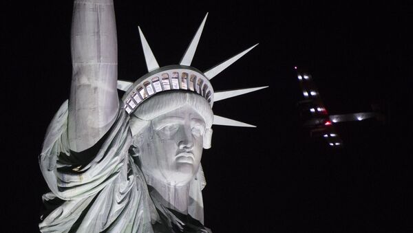 The Solar Impulse 2 aircraft flies over the Statue of Liberty before landing at JFK airport June 11, 2016 in New York. - Sputnik Mundo