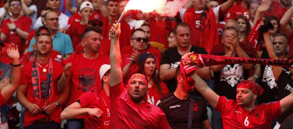 Hinchas albaneses durante el partido entre Suiza y Albania - Sputnik Mundo