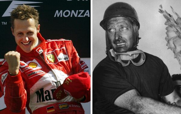 Michael Schumacher, piloto alemán de Formula 1, y Juan Manuel Fangio, mítico piloto argentino Michael Schumacher, piloto alemán de Formula 1, y Juan Manuel Fangio, mítico piloto argentino - Sputnik Mundo