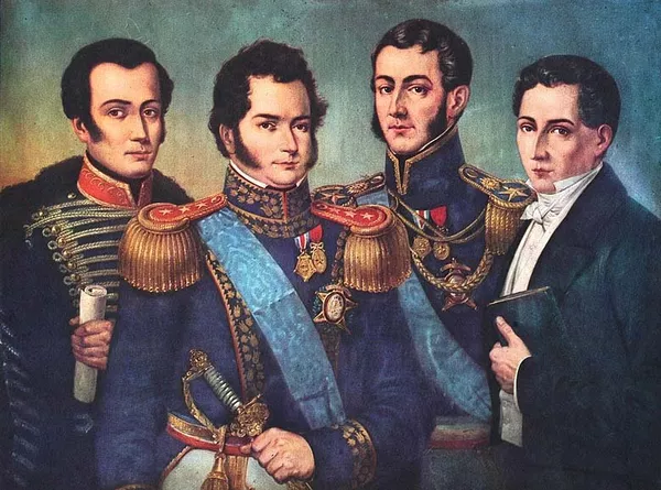 Retrato póstumo de los fundadores de la República de Chile. De izquierda a derecha: José Miguel Carrera, Bernardo O'Higgins, José de San Martín, Diego Portales. Retrato póstumo de los fundadores de la República de Chile. De izquierda a derecha: José Miguel Carrera, Bernardo O'Higgins, José de San Martín, Diego Portales. - Sputnik Mundo