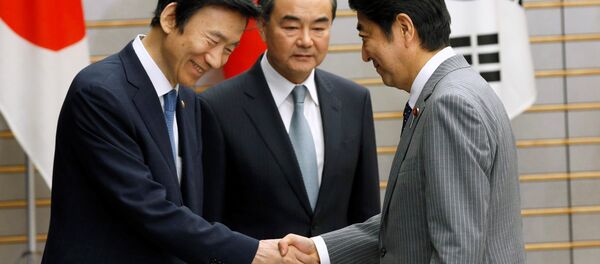 El primer ministro japonés, Shinzo Abe, el canciller surcoreano, Yun Byung-se y el canciller chino, Wang Yu - Sputnik Mundo