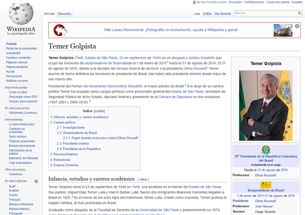 Así luce la página sobre el mandatario brasileño en la enciclopedia online Wikipedia al usar la extensión. - Sputnik Mundo