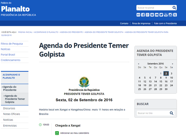 La web oficial del Gobierno de Brasil publica la 'agenda de Temer Golpista', debido a la herramienta.  - Sputnik Mundo