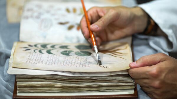 Luis Miguel quality control operator of the Spanish publishing Siloe working on cloning the 'Codex Voynich' Yale University, in Burgos province on August 9, 2016.  - Sputnik Mundo