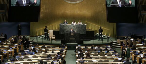 El presidente de Colombia, Juan Manuel Santos, durante su discurso en la Asamblea General de la ONU El presidente de Colombia, Juan Manuel Santos, durante su discurso en la Asamblea General de la ONU - Sputnik Mundo