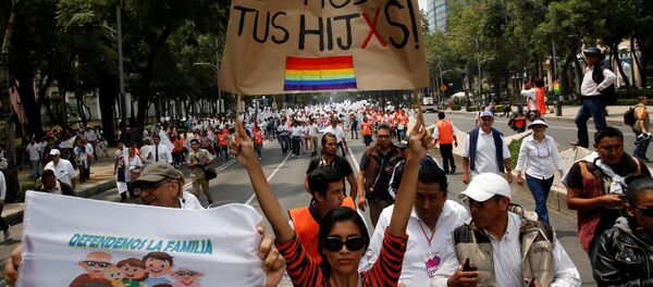 A woman holds a sign near the Angel of Independence monument in support for the legalization of gay marriage while others behind participate in a protest march against it and defend their interpretation of traditional family values, in Mexico City, Mexico - Sputnik Mundo