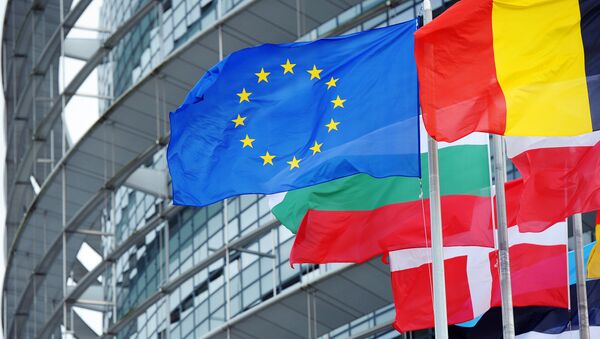 The European Union flag fly amongst European Union member countries' national flags in front of the European Parliament in Strasbourg, eastern France. - Sputnik Mundo