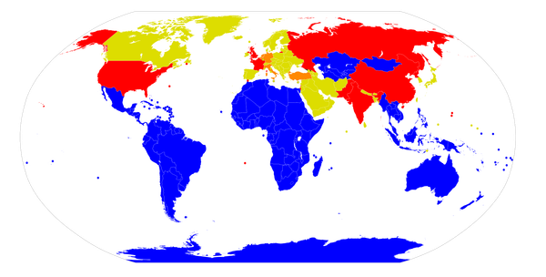 Países con armas nucleares (rojo), que alojan armas nucleares de otros países en su territorio (naranja) y libres de armas nucleares (azul) - Sputnik Mundo