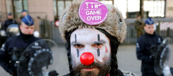 Participante de las protestas contra el TTIP y el CETA - Sputnik Mundo