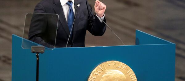 Juan Manuel Santos pronuncia el discurso en el marco del recibimiento del premio Nobel de Paz Juan Manuel Santos pronuncia el discurso en el marco del recibimiento del premio Nobel de Paz - Sputnik Mundo