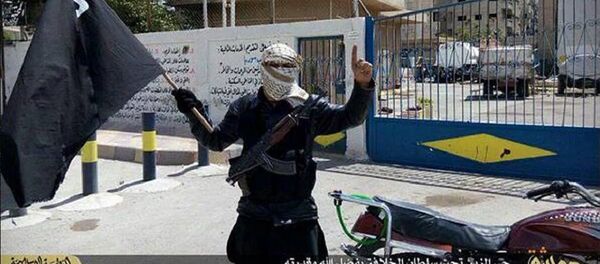 Combatiente extremista se fotografía a las afueras de una filial de Cascos Blancos en el campo de Yarmuk, controlado por Daesh - Sputnik Mundo