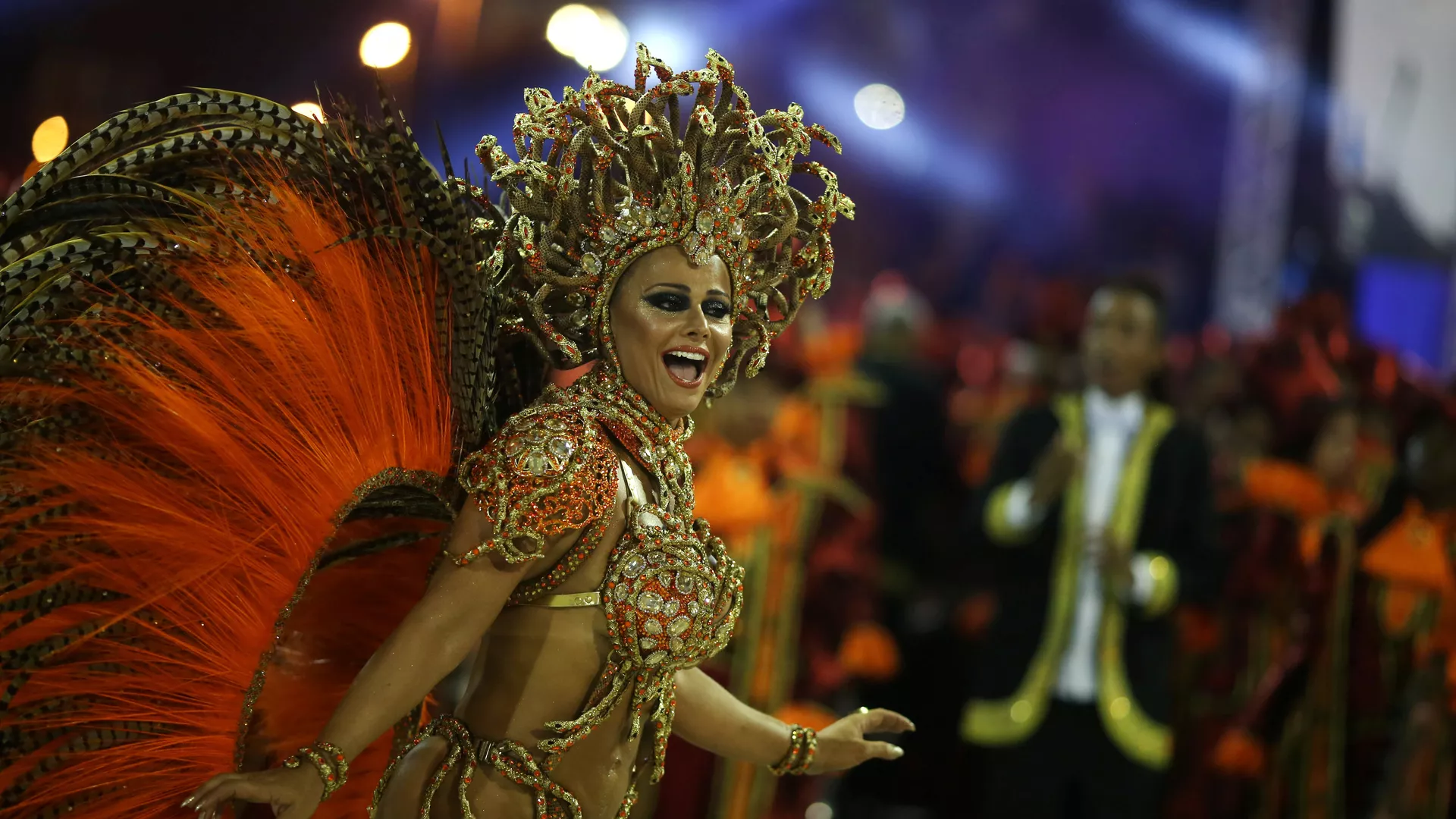 Drum queen Viviane Araujo from Salgueiro samba school performs during the carnival parade at the Sambadrome in Rio de Janeiro Drum queen Viviane Araujo from Salgueiro samba school performs during the carnival parade at the Sambadrome in Rio de Janeiro
